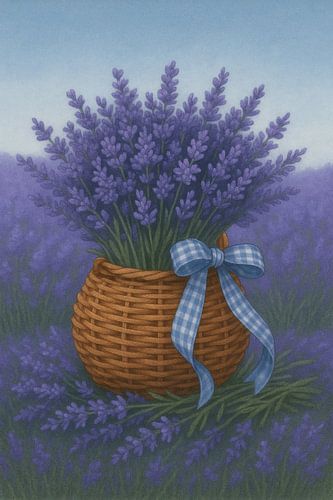 Lavendelmand met blauw geruite strik in bloeiend veld