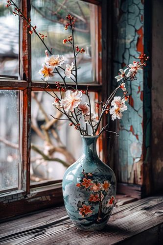 Stilleven japan traditioneel blauwe vaas met rode bloemen