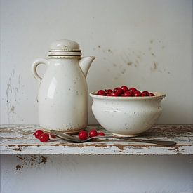 Stillleben eines Milchkännchens mit weißer Keramikschale, gefüllt mit roten Beeren, auf Holzbrett. von J.a Dijkstra