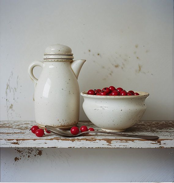 A still life of a milk jug with white pottery bowl filled with red berries on wooden board. by J.a Dijkstra