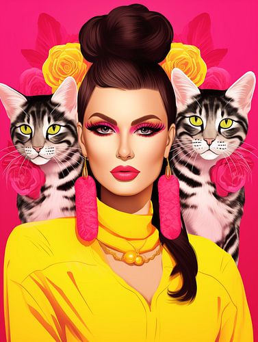 Élégance royale : femmes et chats en couleur