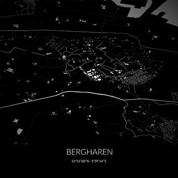 Zwart-witte landkaart van Bergharen, Gelderland. van Rezona