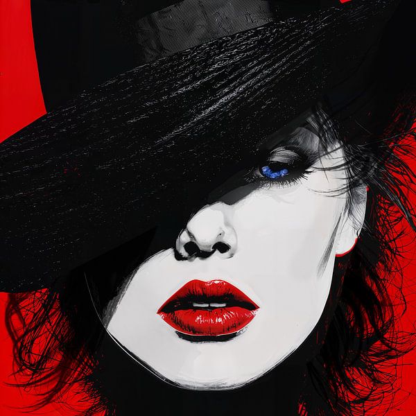 Pop Art Vrouw met Hoed en Rode Lippen van Arjen Roos
