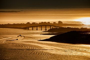 Giske brug die koestert in het gouden zonsonderganglicht, Noorwegen van qtx