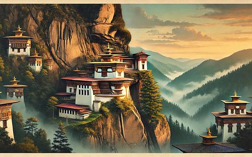 Poster vintage du Bhoutan, monastères de montagne sur Chromatic Fusion Studio