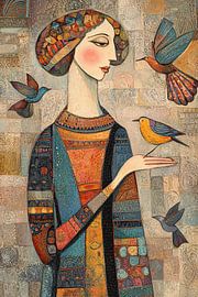 Woman in dress with beautiful birds