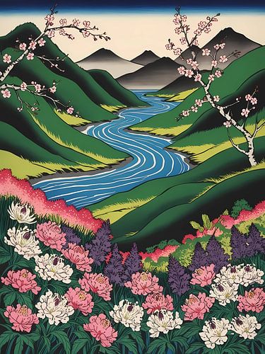 Lenterandschap met bloesems en bloemen