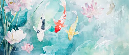 Koivissen in bloeiend water - aquarel