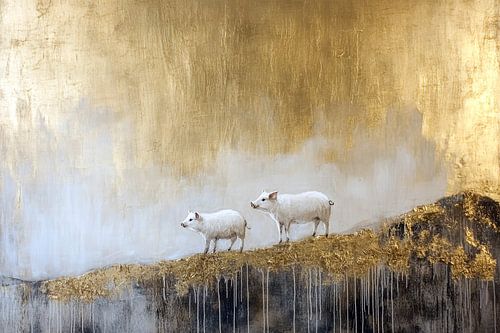 Varkens op een gouden heuvel schilderij wanddecoratie