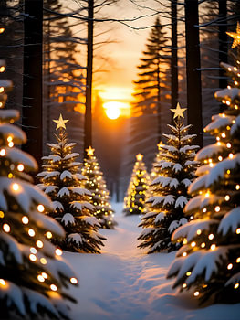 Festive forest trail in the sunset