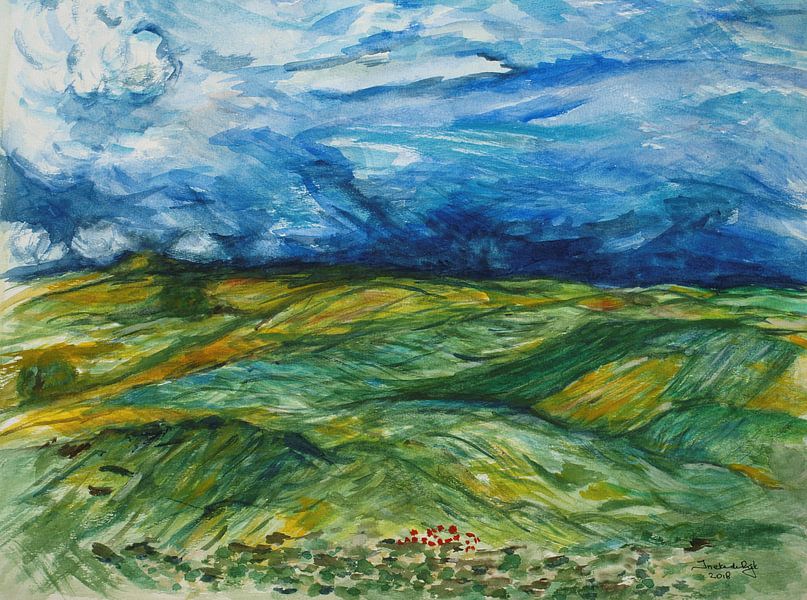 Weizenfelder vor einem Gewitterhimmel. Inspiriert von Gogh. von Ineke de Rijk