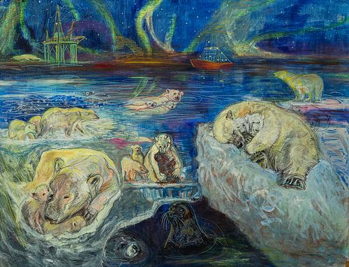 Wo das Eis verschwindet, eine stillstehende Szene von Eisbären zwischen Überleben, Ruhe und Bedrohung von Gemälde Liesbeth Serlie