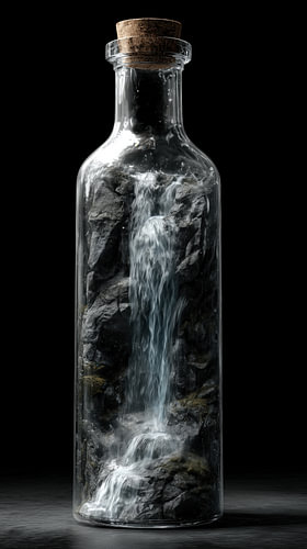 Waterval en rotsen in glazen fles