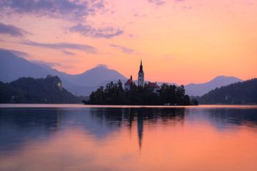 Le lac de Bled en Slovénie avec la belle église au lever du soleil. sur Jos Pannekoek