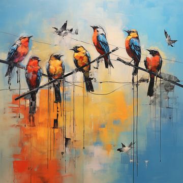 Vogels op stok lichtblauw abstract van TheXclusive Art