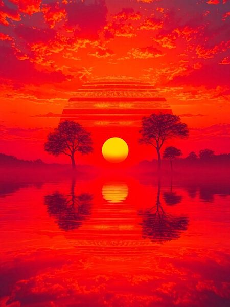 Karmesinrote Spiegelung: Sonnenuntergang über stillen Gewässern von A.D. Digital ART