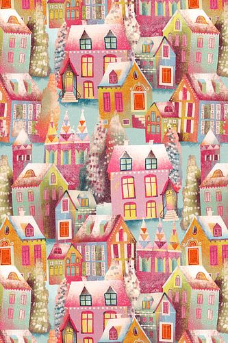 Verschneites fröhliches Winterdorf