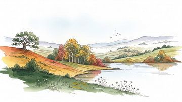 Watercolor Landscape with Lake, Trees, and Distant Mountains by Markus Gann