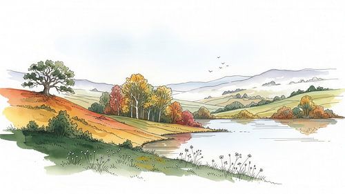 Aquarellandschap met meer, bomen en bergen in de verte