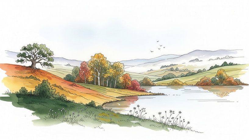 Aquarell-Landschaft mit See, Bäumen und fernen Bergen von Markus Gann