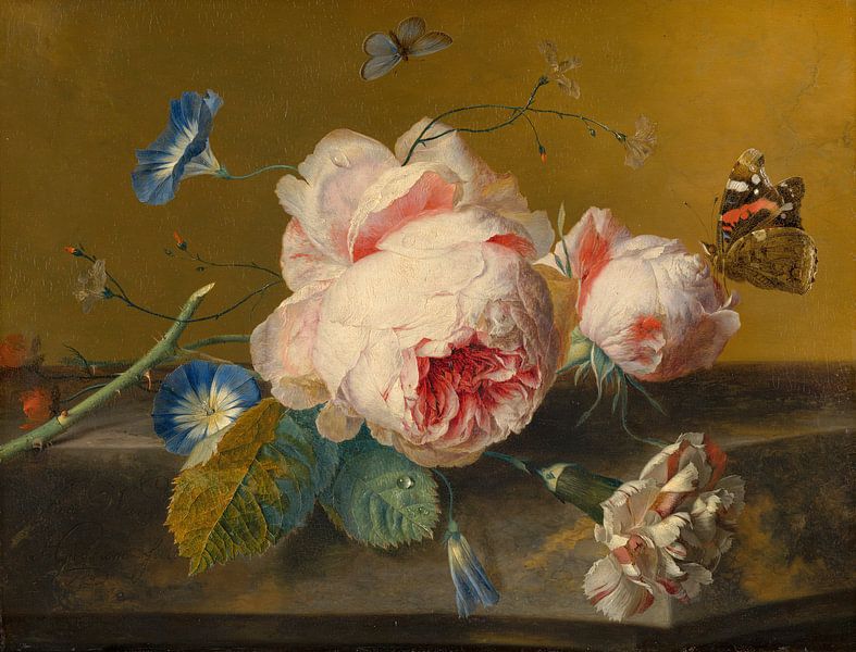 Bloemstilleven met pioenroos, Jan van Huijsum van Meesterlijcke Meesters