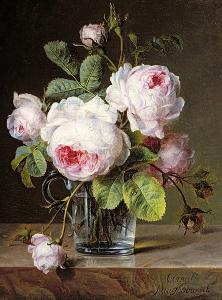 Cornelis van Spaendonck,Rozen in een glazen vaas op een ledge van finemasterpiece