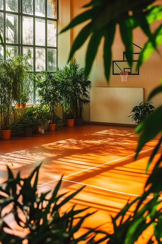 Interieur van een basketbalveld met planten