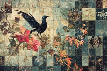 Altmodische Fliesen als Kunstwerk in Blau- und Grüntönen