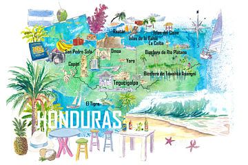 Illustrierte Reisekarte von Honduras mit Straßen und touristischen Hig