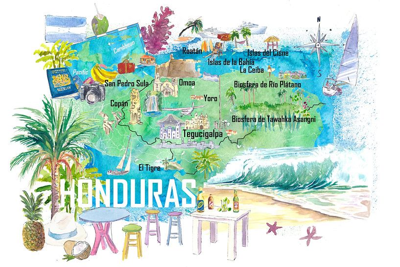 Illustrierte Reisekarte von Honduras mit Straßen und touristischen Hig von Markus Bleichner