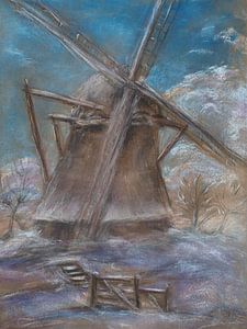 Mühle in einer verschneiten Winterlandschaft. Pastellkreidezeichnung, handbemalt.