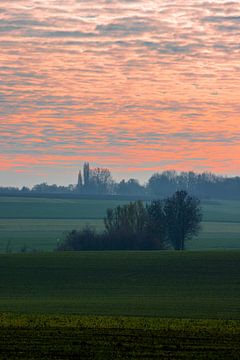Colourful sunrise on a misty morning among the meadows in autumn by Kim Willems