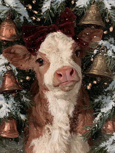 Ein Kalb zwischen Weihnachtskugeln und Wintergrün von But First Framing