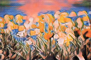 Un champ de tulipes colorées dans les tons rouge, jaune et orange crée une ambiance printanière.