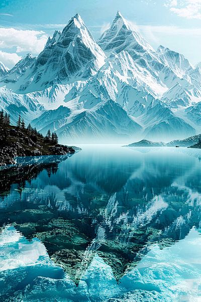 Reflection of snow mountains in lake by Art & Soul Creations