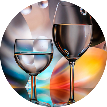 Abstracte foto met glazen en een wijnfles voor een gekleurd achtergrond van Jolanda Aalbers