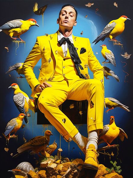 Surreal Mann gelber Anzug sitzend Vögel Fantasie Kontrast von gm_designs