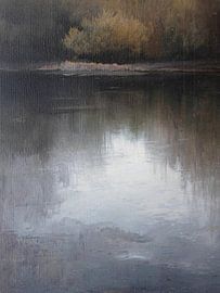 Atmospheric Golden Autumn Forest Reflection Oil Painting by Artistic