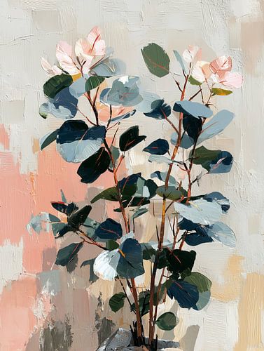 Branch of eucalyptus plant against the wall