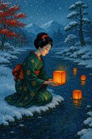 Geisha laat waterlampionnen drijven in rivier (Japans ritueel, Obon festival, herdenking, winter wonderland, Kerstmis, feestdagen, sneeuw, rood, groen, kimono)