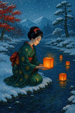 Geisha laat waterlampionnen drijven in rivier (Japans ritueel, Obon festival, herdenking, winter wonderland, Kerstmis, feestdagen, sneeuw, rood, groen, kimono) van Natalie Bruns