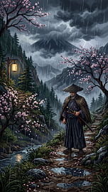 Pixel art : Lone Samurai Walking Through a Rainy Mountain Trail Beneath Cherry Blossoms, Storm Clouds, Lanterns, and Distant Japanese Peaks at Twilight by my pixel art
