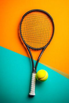 Tennisracket met bal op kleurrijke achtergrond van Poster Art Shop