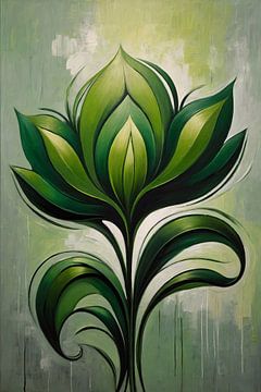 Abstract Blooming Green Flower on Canvas by De Muurdecoratie