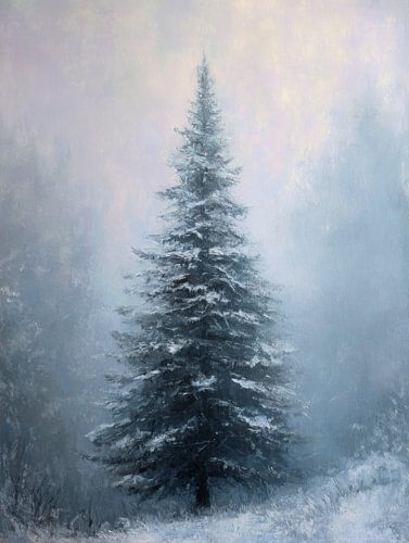 Pin d'hiver tranquille dans un paysage de neige et de brume douce