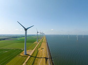 Windturbines op de oever van het IJsselmeer in de lente