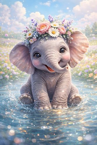 Niedliche Baby-Elefanten-Blumenkrone – Wasserspritz-Kinderzimmer