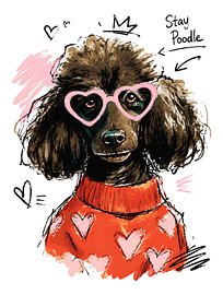 Pull douillet « Stay Poodle Dog with Heart » avec lunettes de soleil « & » – Illustration dessinée à la main