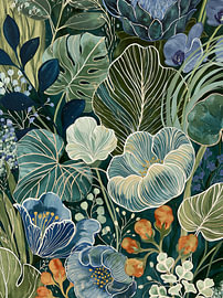 Tropical flowers and leaves in blue by Lina van Oers