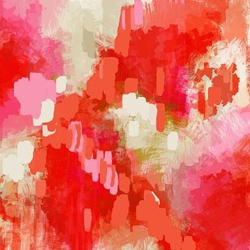 Vrolijke kleuren. Moderne abstracte kunst in roze, rood en wit. van Dina Dankers